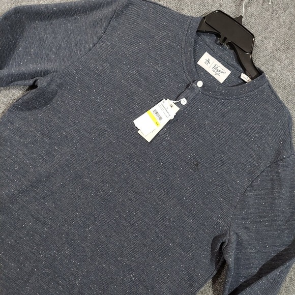 Original Penguin Sweater Mens Medium Dark Sapphire Blue Henley Pullover Logo New - Picture 1 of 10